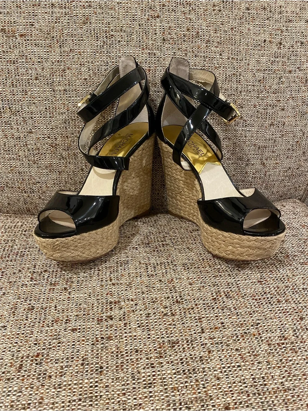 Michael Kors Black Patent Espadrille Platform Wedge Sandals